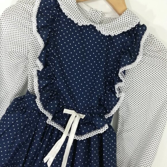 Vintage Miss Quality Girl Ruffled Dress Size 6 Polka Dot Lace Circle 80s Bow - Picture 11 of 15